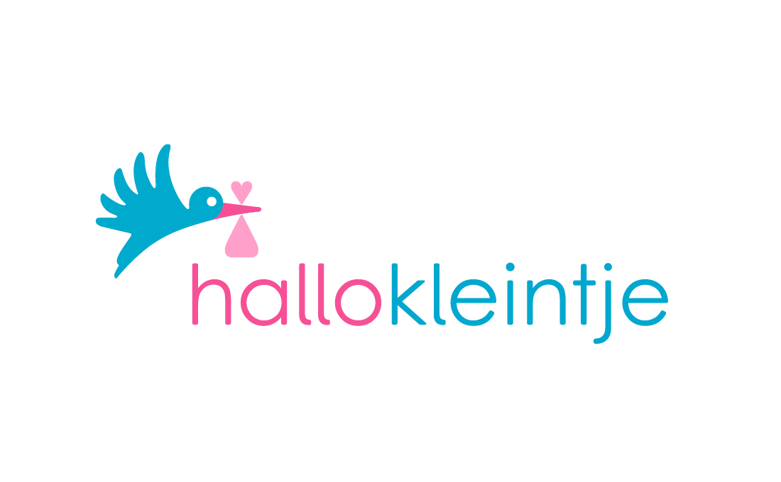 Logo-ontwerp met ooievaarsymbool en babyhandje