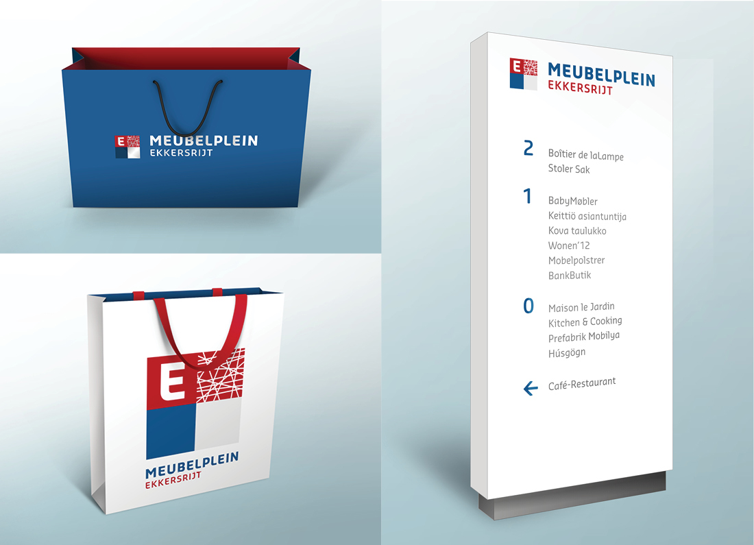 Branding op papieren tassen en informatiezuil met nieuwe logo-ontwerp