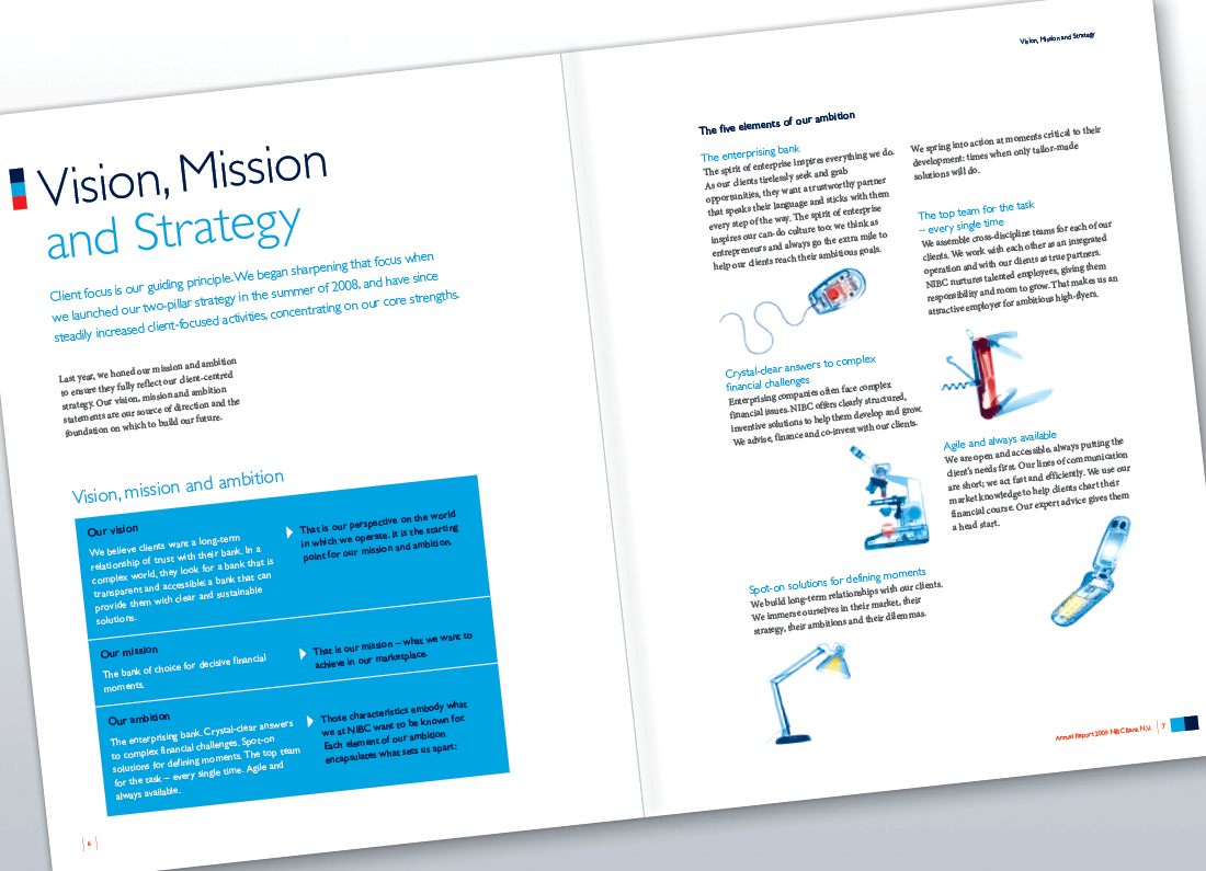 Spread uit jaarverslag met visie, missie en strategie